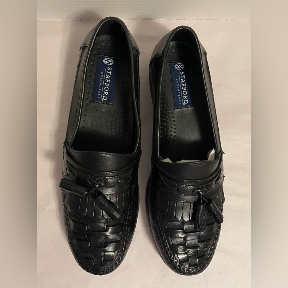 Mens Black Leather Stafford Woven Tassel Loafer Sz 9 1/2